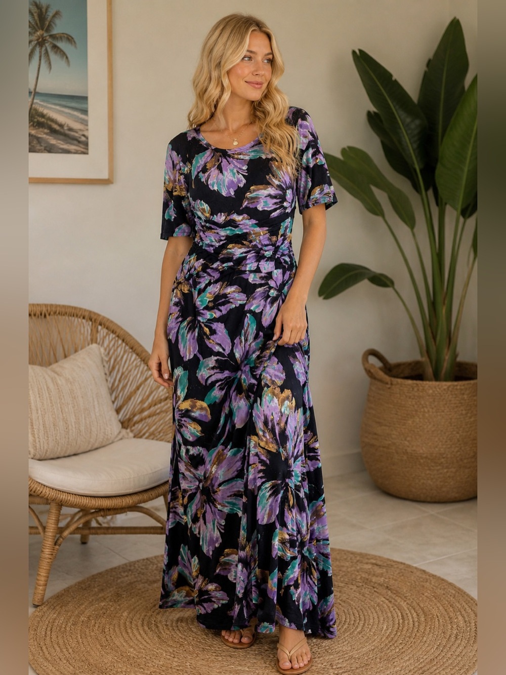 Tommy Bahama Black Maxi Dress with Purple Floral Print Size S Resort Vacation